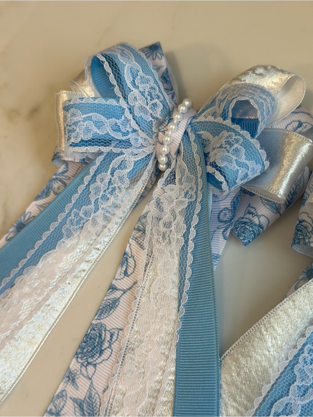 Equestrian Show Bows Shabby Chic Blue with Lace & Pearl Accent